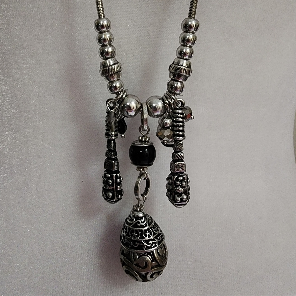 Vintage Boho Silver Toned Snake Chain Necklace With Textured Beads And Charms
